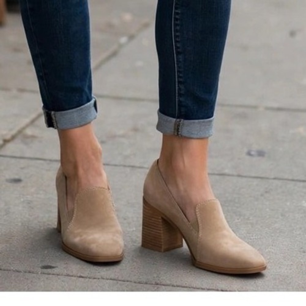 Joie Tan Suede Block Heel Loafers Almond Toe Slip On Shoes Womens 8
